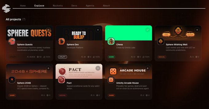 A dark-themed web interface titled "Explore" listing various projects, including "SPHERE QUESTS", "Chess", "Sphere 2048", and "ARCADE HOUSE".