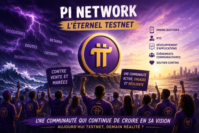 A promotional graphic for 'PI NETWORK L'ÉTERNEL TESTNET' in French, showing a crowd holding signs with text like 'CONTRE VENTS ET MARÉES' and 'UNE COMMUNAUTÉ ACTIVE, ENGAGÉE ET RÉSILIENTE'.