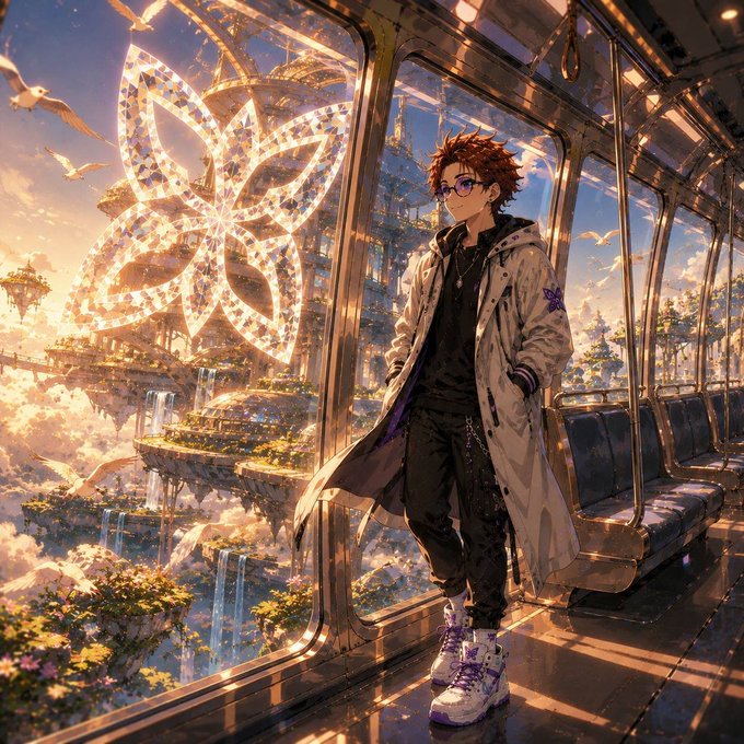 An anime-style illustration depicts a young man with brown hair, glasses, and a long white coat standing inside a futuristic train with a stunning view of a floating crystal city through the window.