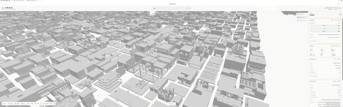 A 3D modeling software interface showing a grayscale, bird's-eye view of a dense city block with various building shapes.