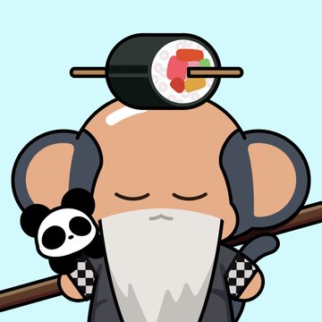A cartoon chimp samurai with sushi balanced on its head and a small skull accessory, evoking the post's mention of being "out of office" at the "Chimpers x Fugz meetup" with the "!CHIMP" reference tying into the NFT collection theme.