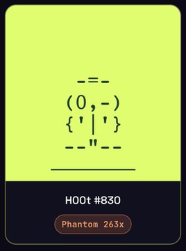 a green card with a black line through it looks like a tic tac toe and the words Hoot #830 below