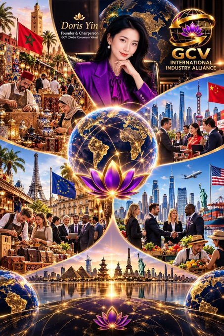 A promotional graphic for 'GCV International Industry Alliance' featuring Doris Yin as Founder & Chairperson, with world landmarks and business imagery.