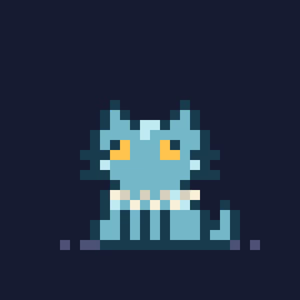 Pixel art of a small blue cat-like creature with yellow eyes and a striped belly on a dark background.