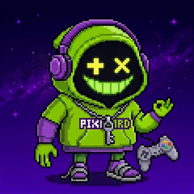 A pixel art character wearing a green hoodie and headphones with 'PIXIRO' text, holding a game controller against a starry purple background.