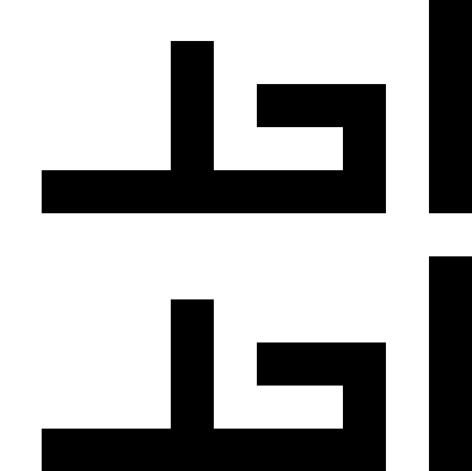A black and white geometric design featuring interlocking angular shapes that resemble stylized letters or architectural forms.