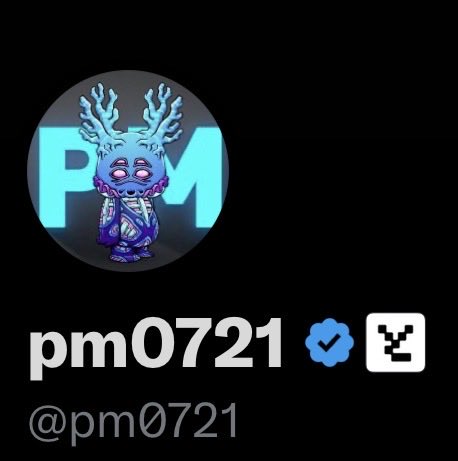 The image shows a social media profile with the username "pm0721" (@pm0721) featuring a stylized blue and purple skeletal deer character logo with the letters "PM" in the background. This appears to be the profile picture of the user who posted about joining Yuga Labs, suggesting this is likely the personal account of the individual making the announcement.