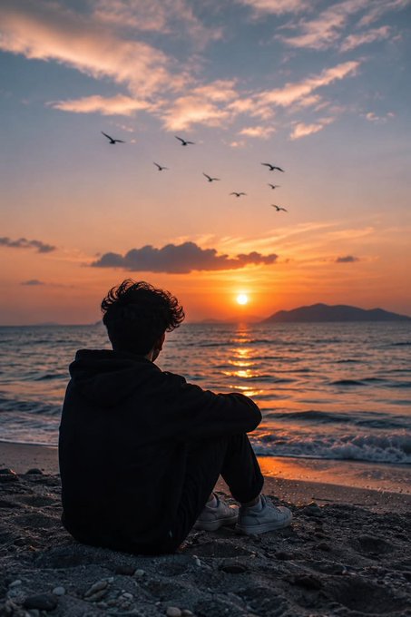 A silhouette of a person sitting on a beach, watching a vibrant orange sunset over the ocean with birds flying in the sky and mountains in the distance.