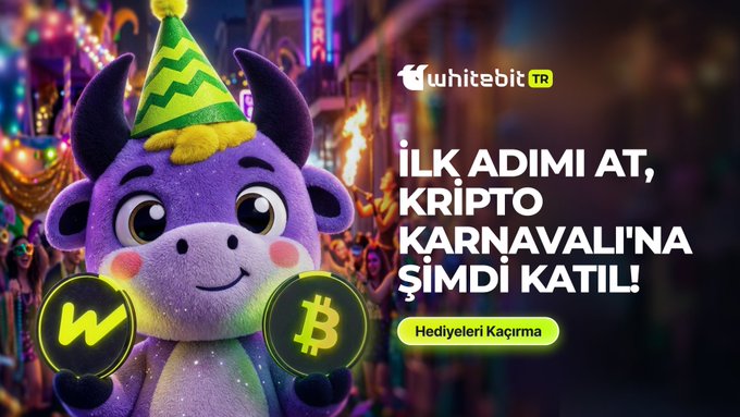 A purple cartoon bull mascot wearing a green party hat holds Bitcoin and WhiteBIT coins, promoting WhiteBIT TR's crypto carnival event. Turkish text reads "İLK ADIMI AT, KRİPTO KARNAVALI'NA ŞİMDİ KATIL!" (Take the first step, join the crypto carnival now!) with a "Hediyeleri Kaçırma" (Don't miss the gifts) button.