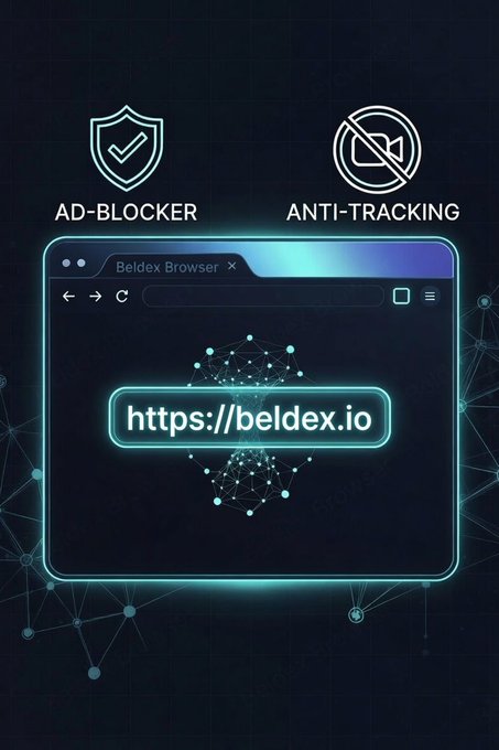 A promotional graphic for Beldex Browser showing 'AD-BLOCKER' and 'ANTI-TRACKING' features with the URL https://beldex.io displayed in a stylized browser window.