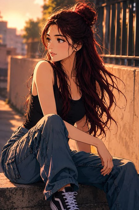 An anime-style illustration of a girl with long dark hair sitting on a ledge at sunset, wearing a black tank top and baggy blue jeans.