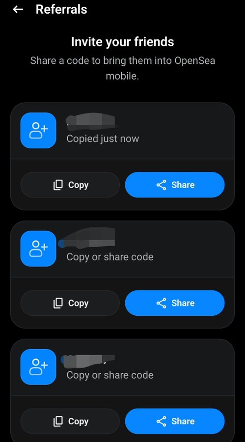 The image shows the OpenSea mobile app's Referrals page with the text "Invite your friends" and three available invite codes, each with "Copy" and "Share" buttons, supporting the post's giveaway of OpenSea mobile codes to SpaceRidersXYZ OG Pass holders.
