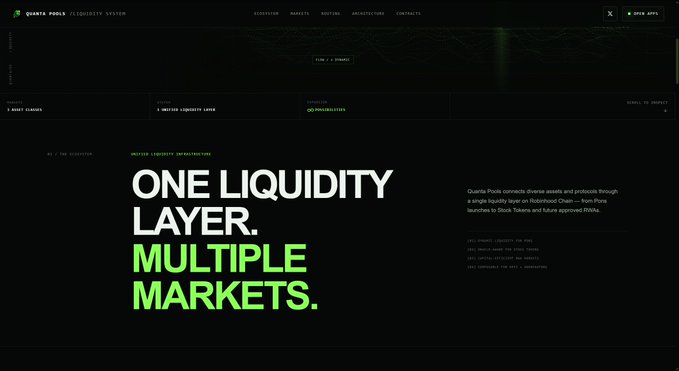 A dark-themed website screenshot for "QUANTA POOLS," a "LIQUIDITY SYSTEM" featuring the bold tagline "ONE LIQUIDITY LAYER. MULTIPLE MARKETS." and describing itself as connecting diverse assets and protocols through a single liquidity layer for Blockchain Equities, Real World Securities, Block Tokens, and RWA—aligning with the post's description of Quanta Pools as a liquidity infrastructure project focused on tokenized stocks, RWA, and meme coins via its Pons launchpad.