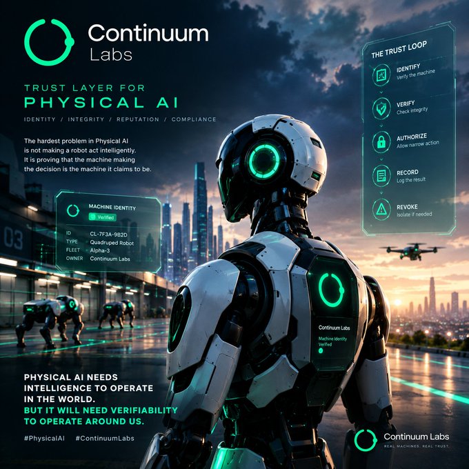 A futuristic advertisement for Continuum Labs' "Trust Layer for Physical AI," featuring a humanoid robot with a glowing green eye and a "Trust Loop" process listing Identify, Verify, Authorize, Record, and Revoke.