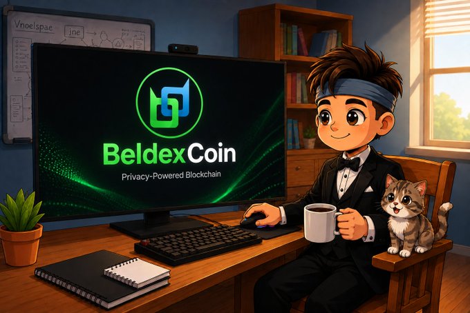 An animated-style illustration of a young boy with a blue headband and tuxedo sitting at a desk with a cat, holding a coffee mug next to a computer monitor displaying the 'BeldexCoin' logo and the tagline 'Privacy-Powered Blockchain'.