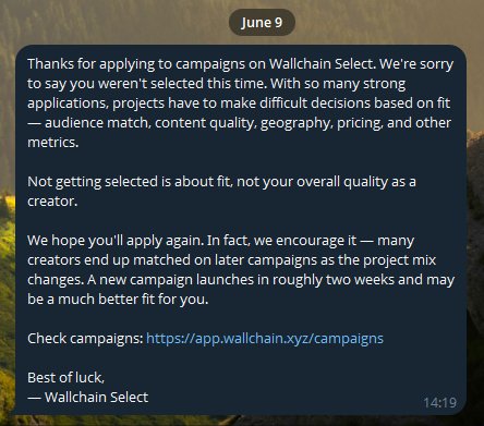 The image shows a screen with an email post related to the wallchain campaigns, titled "July 9 June 9. Please apply for Wallchains". In this email message, there's a note about being selected for a campaign that is on its way but has not yet been accepted or considered by the organizers. This situation could be discouraging due to the large number of applications and difficult decisions made during the process. The post is from an unknown person named "Wallchain Select".