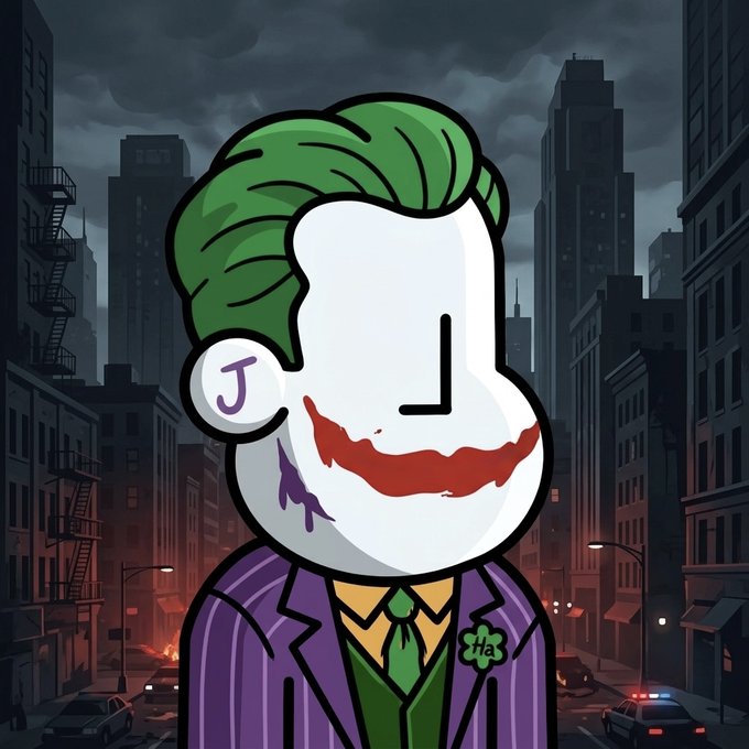 A stylized illustration of a Joker-like character with green hair, white face, and red smile wearing a purple pinstripe suit, set against a dark cityscape background.
