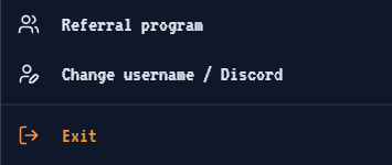 A cropped menu interface with dark blue background showing options for 'Referral program', 'Change username / Discord', and a highlighted 'Exit' option in orange.