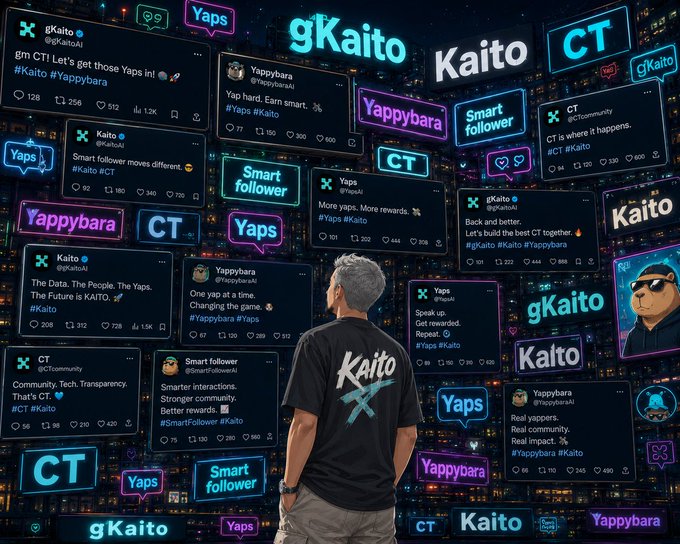 A digital artwork showing a person from behind wearing a 'Kaito' t-shirt, surrounded by floating social media posts featuring hashtags like #Kaito, #Yaps, #CT, and #Yappybara.