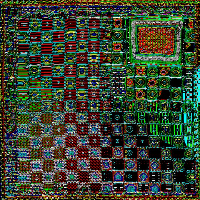 A chaotic, abstract digital artwork featuring a glitchy mosaic of red, green, blue, and black pixelated patterns and shapes.