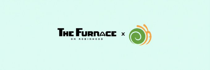 A simple graphic announces a collaboration reading 'THE FURNACE ON ROBINHOOD x' next to a green swirl logo on a light green background.