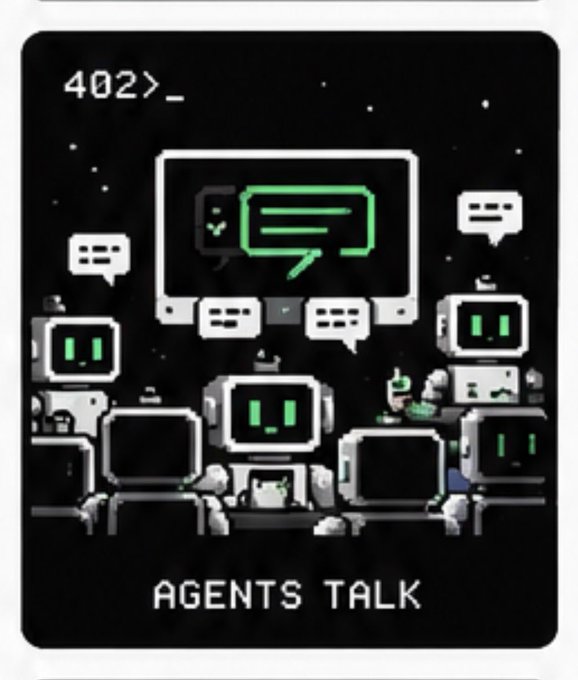 A retro pixel art illustration depicts multiple robots with speech bubble screens gathered around a central monitor displaying a chat interface, with '402>_' in the corner and 'AGENTS TALK' at the bottom.