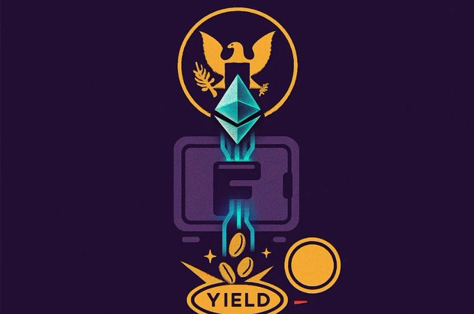 Stylized graphic with an eagle emblem at the top, a computer monitor displaying a number 5, an Ethereum diamond symbol, coins, and the word 'YIELD' at the bottom on a dark purple background.