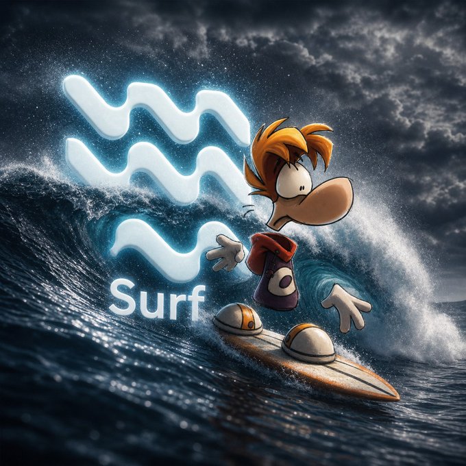 A 3D-rendered illustration of a cartoon character with orange hair surfing on a board through crashing ocean waves, next to a glowing Aquarius zodiac symbol and the word 'Surf'.