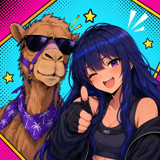 Anime girl giving thumbs up next to a cool camel wearing sunglasses and a purple palm tree bandana