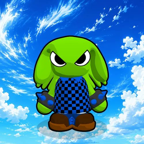 A cartoon-style green character with an octopus-like head wearing a blue and black checkered shirt, set against a bright blue sky with clouds.