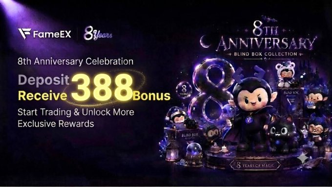 A promotional banner for FameEX's 8th Anniversary Celebration offers a "Deposit 388 Receive Bonus" promotion featuring a Blind Box Collection with anniversary-themed mascots.