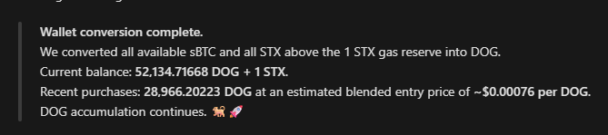 A text notification reading 'Wallet conversion complete' detailing conversion of sBTC and STX into DOG with current balance of 52,134.71668 DOG + 1 STX, and recent purchases of 28,966.20223 DOG.