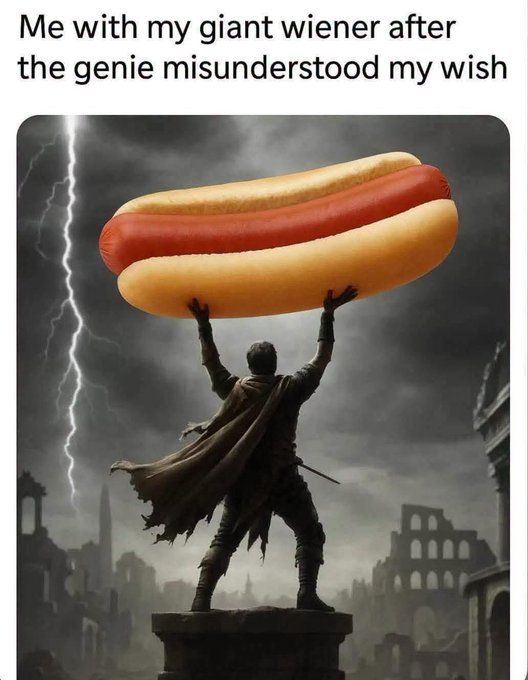 Meme captioned "Me with my giant wiener after the genie misunderstood my wish" featuring a knight holding up a giant hot dog against a stormy sky with lightning.