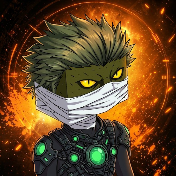 A stylized anime-style illustration depicts a green-skinned character with spiky hair, yellow eyes, and a white face mask, wearing dark armor with glowing green circular elements against a fiery orange background.