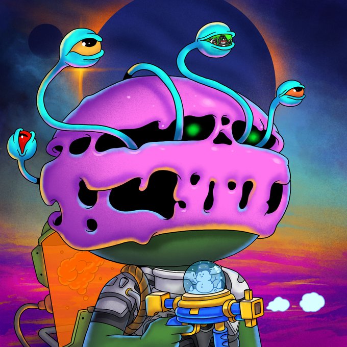 The image features a cartoon character, possibly a robot or a humanoid figure, wearing a helmet with a face plate that has been covered by goo. The character appears to be holding a gun, which could be an alien weapon or a futuristic gadget. The background of the image is dark and purple, creating a sense of mystery and intrigue. The caption provided in the image reads: "New acquisition. I needed a Symbiote Helmet Infested one of the accessories with such a cool story of an alien who infiltrated the helmet of a @PepeExplorers Explore".