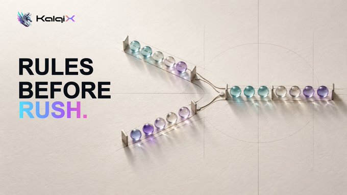 A KalaiX advertisement with the text 'RULES BEFORE RUSH.' displayed next to an image of pastel-colored spheres on a Y-shaped track.