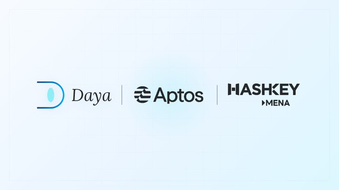 The image features a logo for three companies named "Daya", "Aptos", and " Hashkey" written in black text against a white background. The logos are arranged vertically, with "Daya" at the top, followed by "Aptos" in the middle, and then " Hashkey" at the bottom. This arrangement suggests that these companies might be collaborating or working together on a project related to stablecoins or cryptocurrency development.