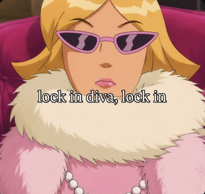 An anime character with blonde hair, pink sunglasses, and a pink fur-collared coat with the caption "lock in diva, lock in" overlaid.