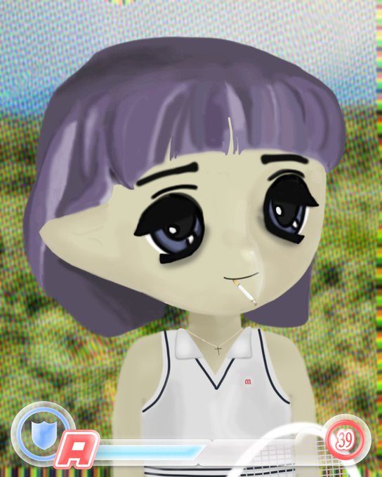 3D anime-style character with purple hair, pointed ears, and a tennis outfit with the number 39 and 'A' rank displayed.