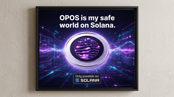 A framed poster reading "OPOS is my safe world on Solana" and "Only possible on SOLANA" featuring a futuristic purple portal design.