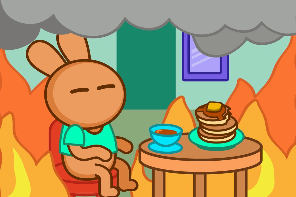 The image features a cartoon rabbit sitting at a table with pancakes, syrup, and butter. The rabbit appears to be enjoying its breakfast while looking out of an open window into a burning building. The scene also includes a chair next to the table where the rabbit is seated.