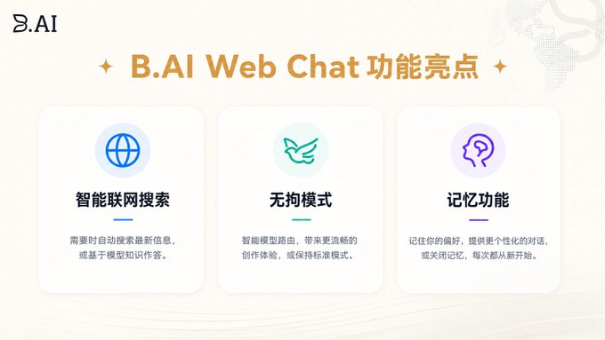 A Chinese-language promotional graphic for 'B.AI Web Chat' highlights three features: 智能联网搜索 (Smart Web Search), 无拘模式 (Unrestricted Mode), and 记忆功能 (Memory Function).
