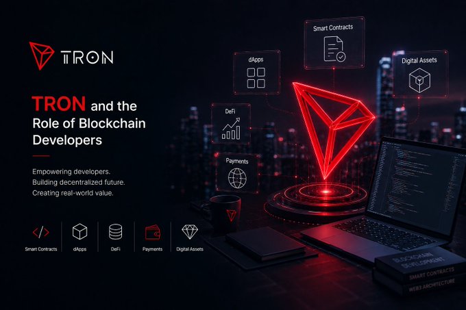 A promotional graphic for TRON blockchain, featuring the TRON logo, a 3D glowing red crystal, and icons labeled 'Smart Contracts', 'dApps', 'DeFi', 'Payments', and 'Digital Assets', alongside the text 'TRON and the Role of Blockchain Developers'.