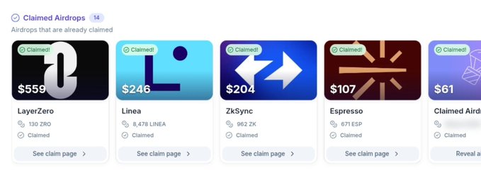 A screenshot of a 'Claimed Airdrops' page showing five crypto projects (LayerZero, Linea, ZkSync, Espresso, and a partially visible fifth) with their respective token amounts and claimed status.