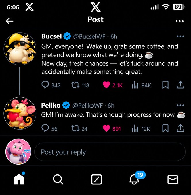 An X (Twitter) post thread showing Bucsel and Peliko saying 'GM everyone' with their verified NFT profile pictures.