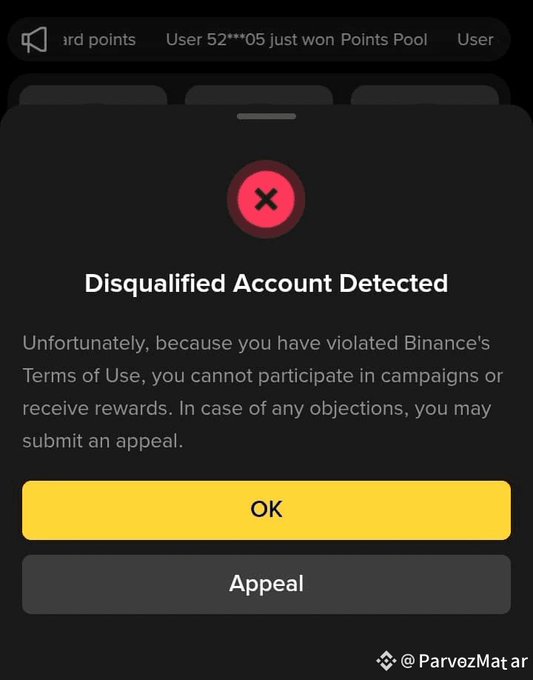 A screenshot of a 'Disqualified Account Detected' notice from Binance stating the user violated Terms of Use, with 'OK' and 'Appeal' buttons, credited to @ParvezMat ar.