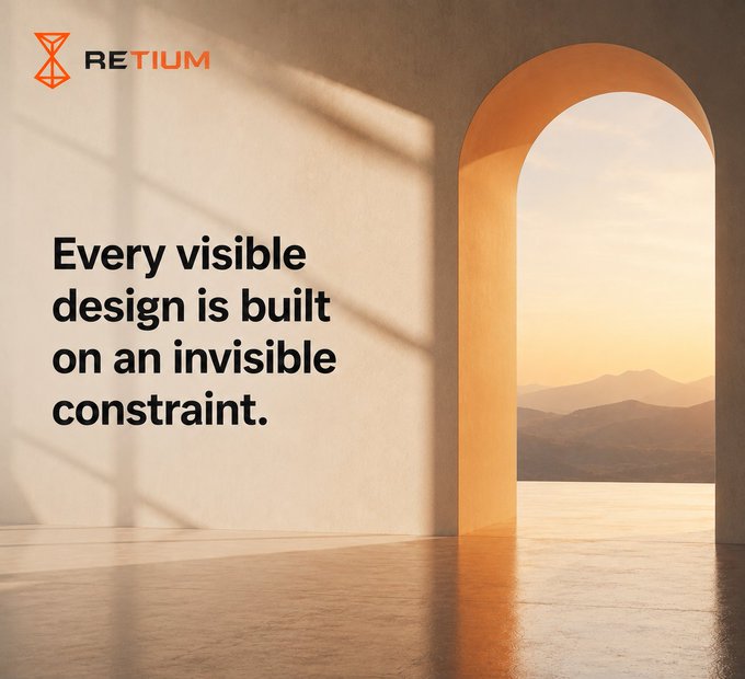 A minimalist RETIUM advertisement featuring an arched doorway looking out to mountains at sunset, with the tagline 'Every visible design is built on an invisible constraint.'
