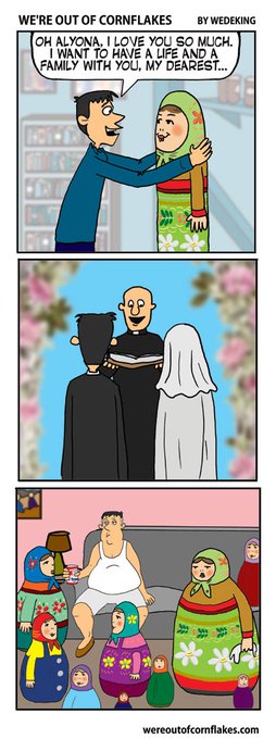 A four-panel comic titled 'WE'RE OUT OF CORNFLAKES BY WEDEKING' shows a man declaring love to a matryoshka doll, then marrying her, and finally discovering a whole family of nested dolls inside her, including a large one holding a small child.