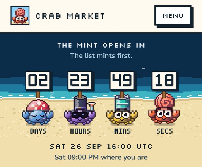 A pixel-art style landing page for 'CRAB MARKET' with a countdown timer showing 02 days, 23 hours, 49 mins, 18 secs until the mint opens on SAT 26 SEP 16:00 UTC.