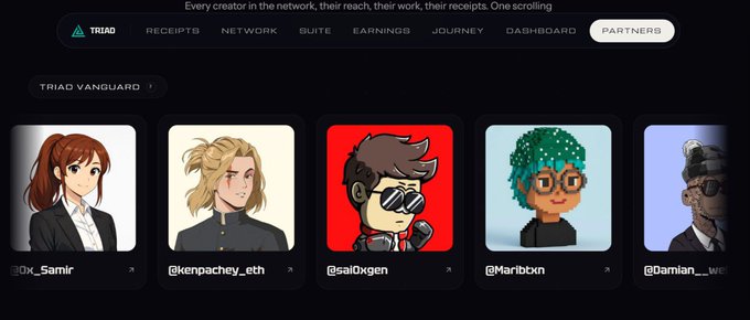 A screenshot from the TRIAD website's "Partners" tab shows a "TRIAD VANGUARD" lineup featuring five creators: @0x_Samir, @kenpachey_eth, @sai0xgen, @Maribxn, and @Damian_webb, each with their own avatar. The image visually represents the post celebrating @sai0xgen being featured as a creator on the TRIAD platform.